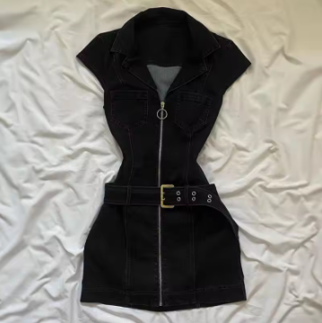 American Retro Black Denim Short Dress Women Summer Zipper Elegant Slim One Piece Dress Korean Fashion Design Casual Clothing