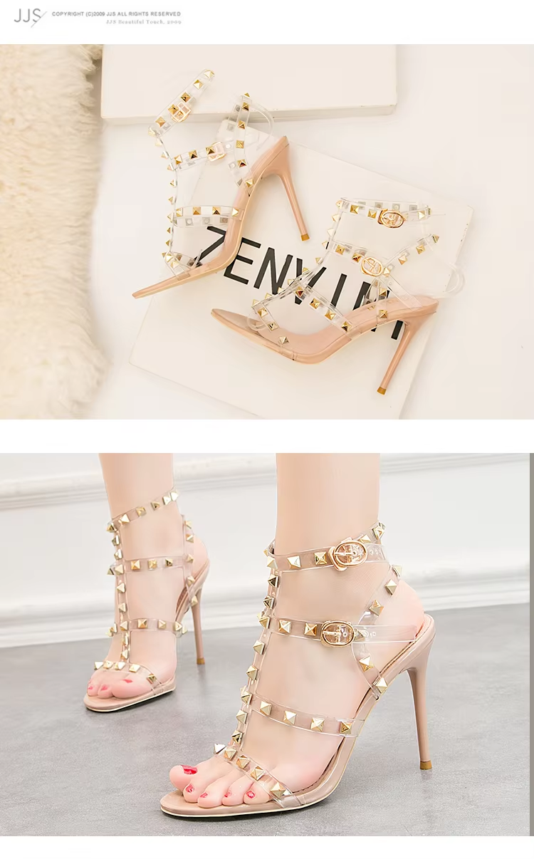 2025 NEW Rivet sandals with thin heels Summer Women's shoes PVC high heels fashion stiletto nude banded Roman sandals female
