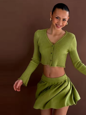 Women's Fashion Knited Skirt Suits V Neck Long Sleeve Sweater Cardigan Pleated Mini Skirts Slim Female Matching Sets New