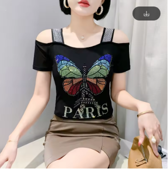 Summer New Fashion Shiny Diamonds T-Shirt Chic Sexy Off Shoulder Tees Women Stretch Mesh Tops All Match