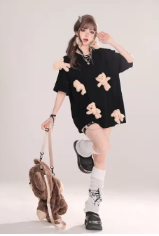 Cute 3D Bear Pendant Short Sleeve T Shirt Women Summer Korean Harajuku Cotton Tee Tops Loose Casual Oversized T Shirts Female