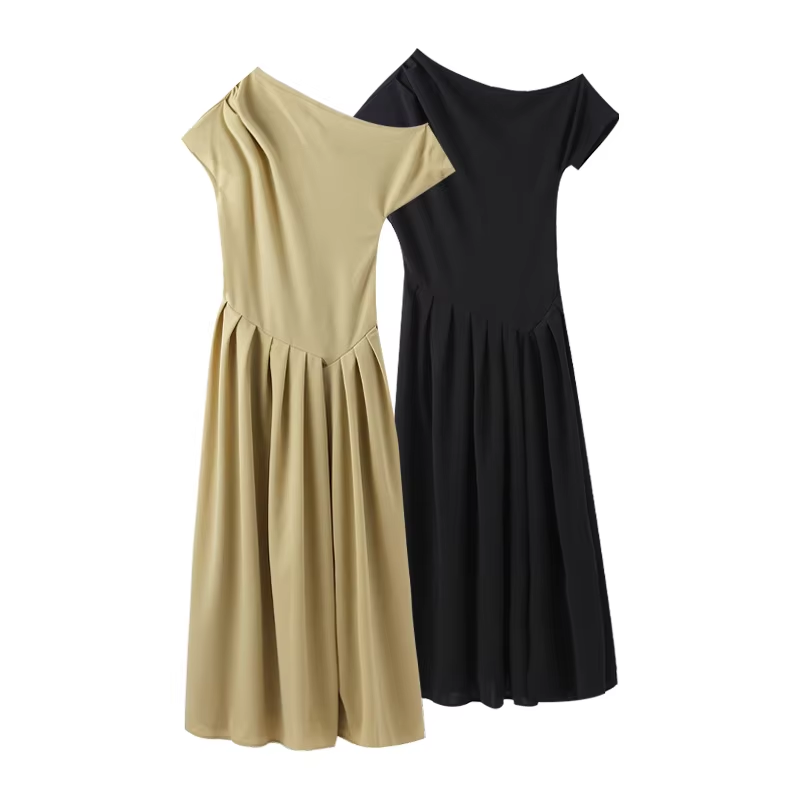 Elegant Off Shoulder Dress For Women Summer Short Sleeve Fold Long Dresses Female 2024 Fashion Solid Holiday Lady Vestidos