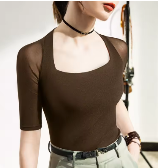 40-85kg Summer Vintage Short Sleeve Tee Square Collar T-shirt Girls Solid Stretchy Black Mesh TShirts Tops For Women