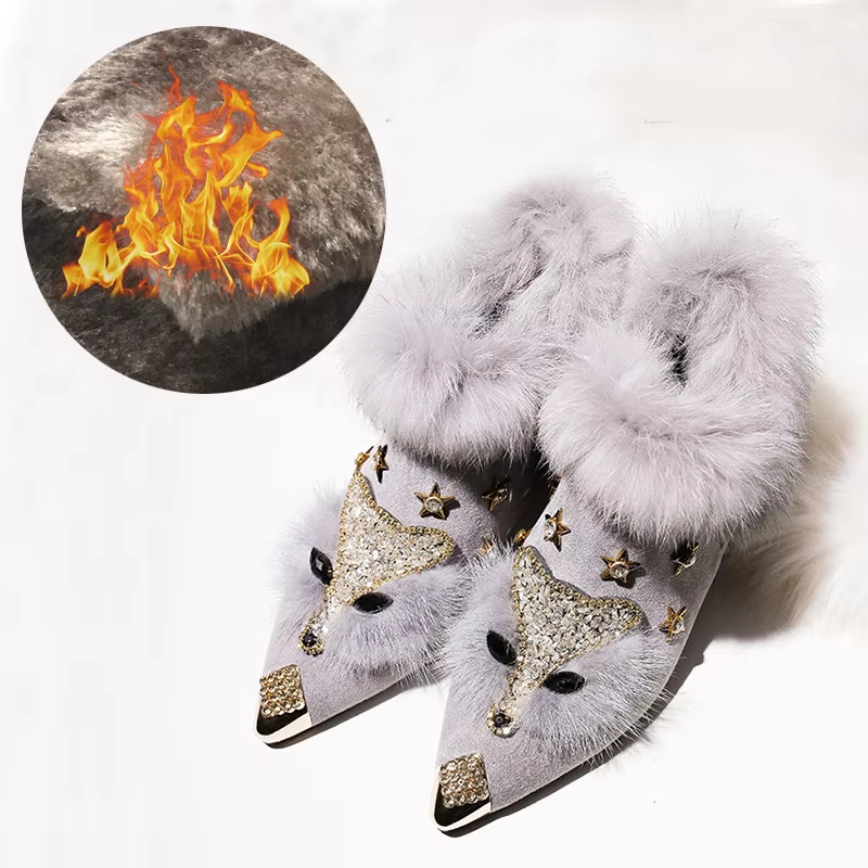 Women Ankle Boots Crystal Fox Head Women Boots 2025 Winter Fashion Metal Pointed Toe Fluffy Plush High Heel Wedding Party Shoe
