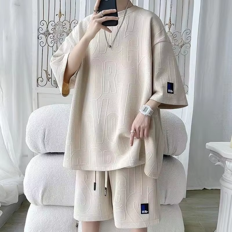 2025 NEW 3D Men's Waffle Summer Suit Casual T-shirt+Shorts Suit Tracksuit Solid color tracksuit loose suit Korean style trendy