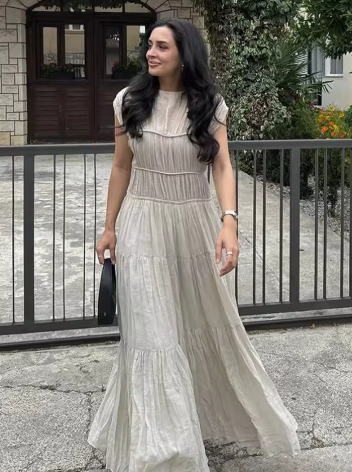 Vintage Solid Pleated Long Dresses Women Elegant Backless O-neck Short Sleeve Dresses Female Summer Spring Party Beach Holiday