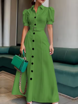 Modigirl 2025 New Womens Summer Shirt Dress with Belt White Green Short Sleeve Eelegant Long Dresses Clothing for Woman