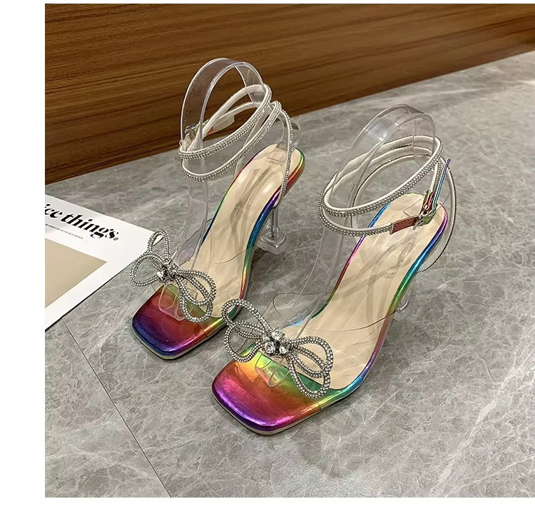 Rhinestone Bow-knot Women Sandals PVC Jelly Pumps Heels Ladies Shoes Sexy Square Toe Ankle Buckle Strap New Sandals Plus Size