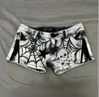 Street Punk Spider Web Printed Diamond Skull Star Denim Shorts Sexy Low-waisted Hot Short Panrts Summer New Jeans for Women