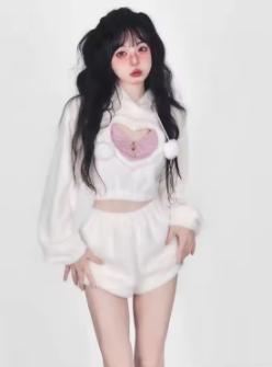 Cute Fur Hollowed Out Heart Long Sleeve Hooded Sweatshirt+ Y2k High Waist All-match Skirts Spring Autumn New Two Piece Sets