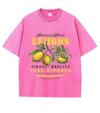 Cotton Women Acid Wash T-Shirts Premium Fresh Lemons Printing Tees Distressed Oversize O-Neck Short Sleeve Casual Female Clothes