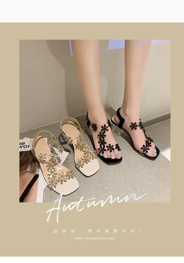 Women;s Sandals Pvc Crystal Flower Shoes for Women Decoration Chunky Heel Sandals Ladies Back Strap Fashion Shoes Female2024