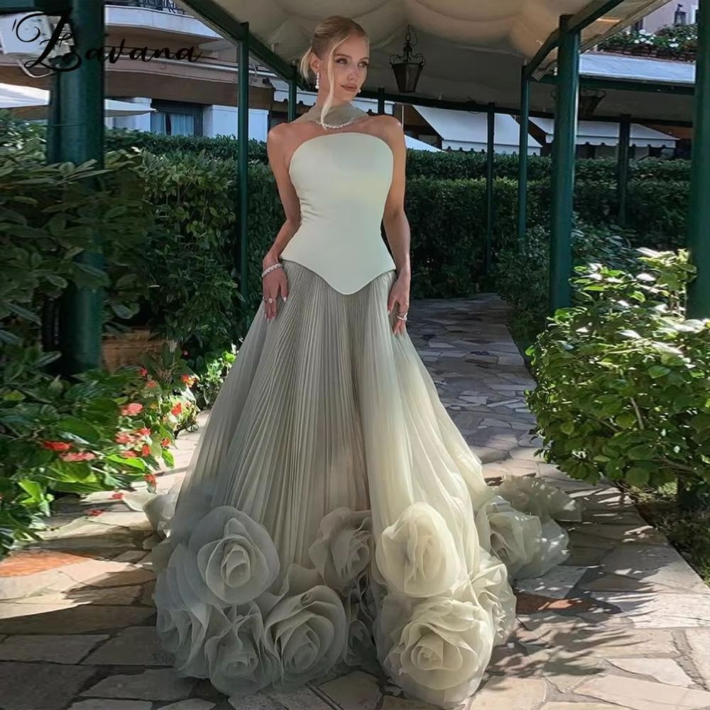 Zavana Elegant Tulle Flower Evening Dress Satin Aline Saudi Arabric Muslim Formal Occasion Vestidos De Fiesta Noche Customized