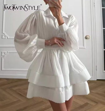 TWOTWINSTYLE Solid Spliced Lace Up Mini Dresses For Women Lapel Long Sleeve High Waist Temperament Patchwork Ruffle Dress Female