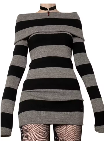 Women Autumn Dress Striped Boat-Neck Long Sleeve Bodycon Short Dress Y2K Gothic Wrapped Hip Party Dresses
