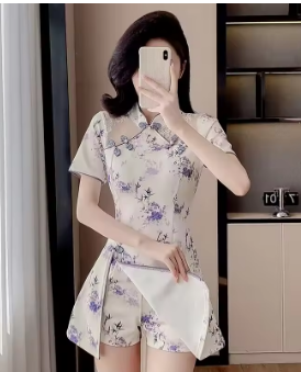 2025 Summer Women Flower Print Cheongsam Dress and Floral Shorts 2pcs Set Female Short Sleeve Split Dresses new in matching set
