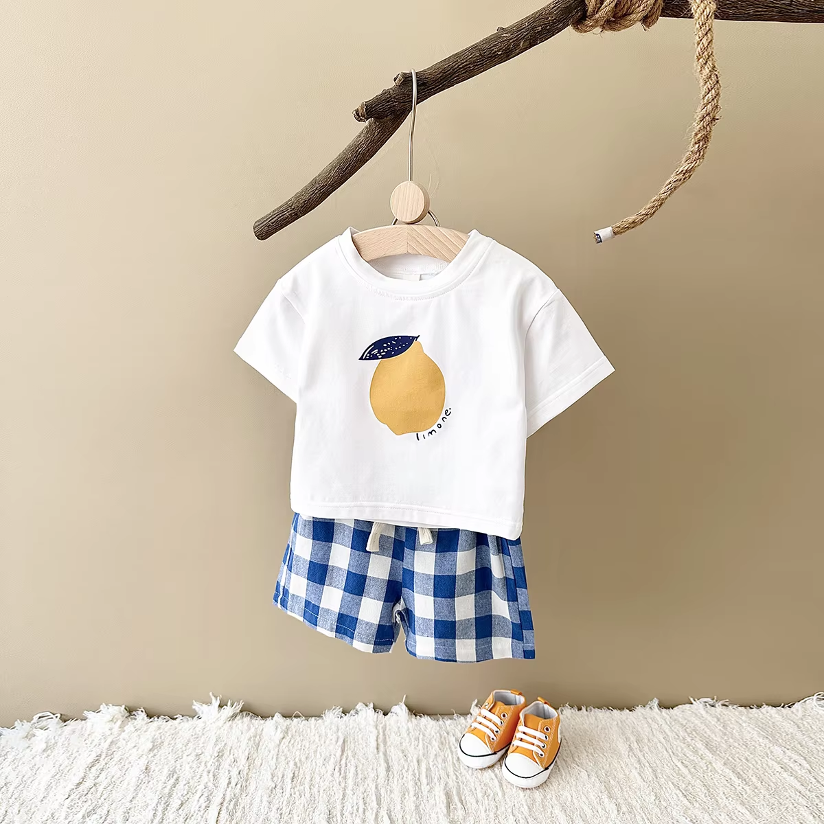 Summer Baby Suit 2PCS Newborn Boys Girls Clothes Set Lemon Print T-shirt+Checkered Shorts Infant Cotton Toddler Outfit Set 1-3Y