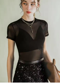 Summer Sheath Mesh T Shirts Women's Summer Transparent High Stretchy Black T shirt Base Tees Girl Basic T-Shirt