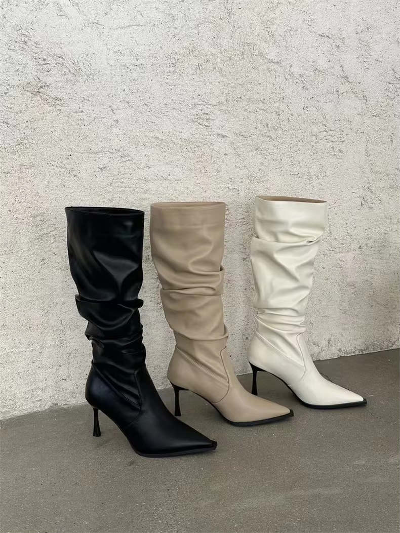 2024 Sharp Pointed Retro Fashion Women's Shoes Hot Sell Long Tube Pleated Women's Boots Look Slim Sexy Trendy High Heeled Boots