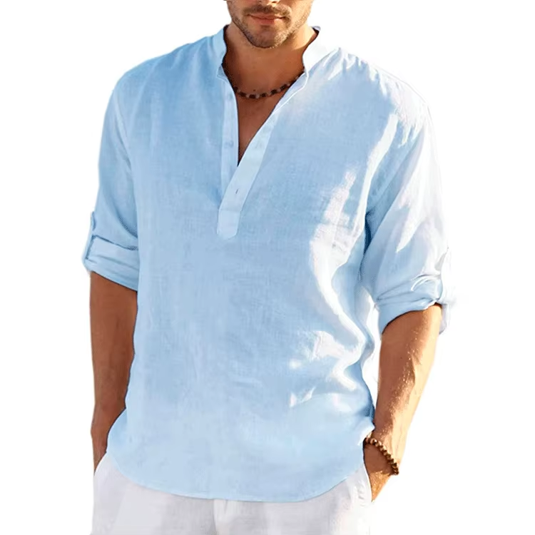 2022 New Men's Linen Long Sleeve T-Shirt Solid Color Loose Casual T-Shirt Long Sleeve Cotton Linen Shirt Plus Size