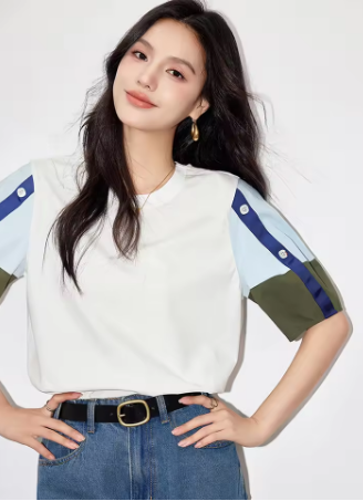 Women's Fashion Summer Casual T Shirt Short Sleeve O-Neck Korean Style Splicing Design Tee Loose Tops