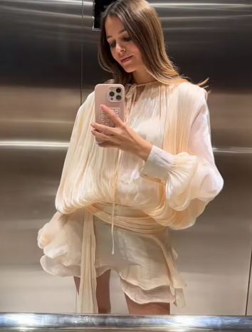 Elegant Solid Blouse Mini Dresses For Women V Neck Long Sleeve Spliced Lace Up Sweet Style Dress 2025 New Street Party Vestidos