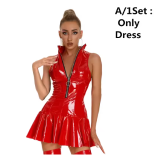 Sexy Glossy Faux Leather Dress Club Party Short Dress Solid Black Red Wet Look Latex Bodycon Pleated Mini Dress